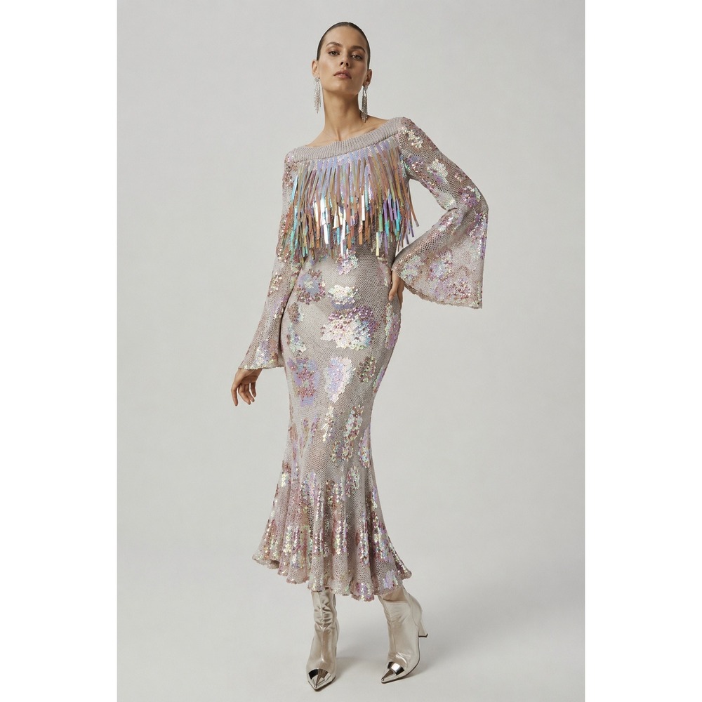 Talbot Runhof Iridescent Sequin Midi Dress Sz 8 Avant Garde Rare Camp Editorial